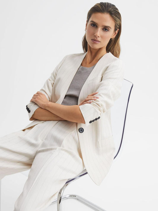 Reiss Blazers | Arleth Collarless Pinstripe Blazer White - Women