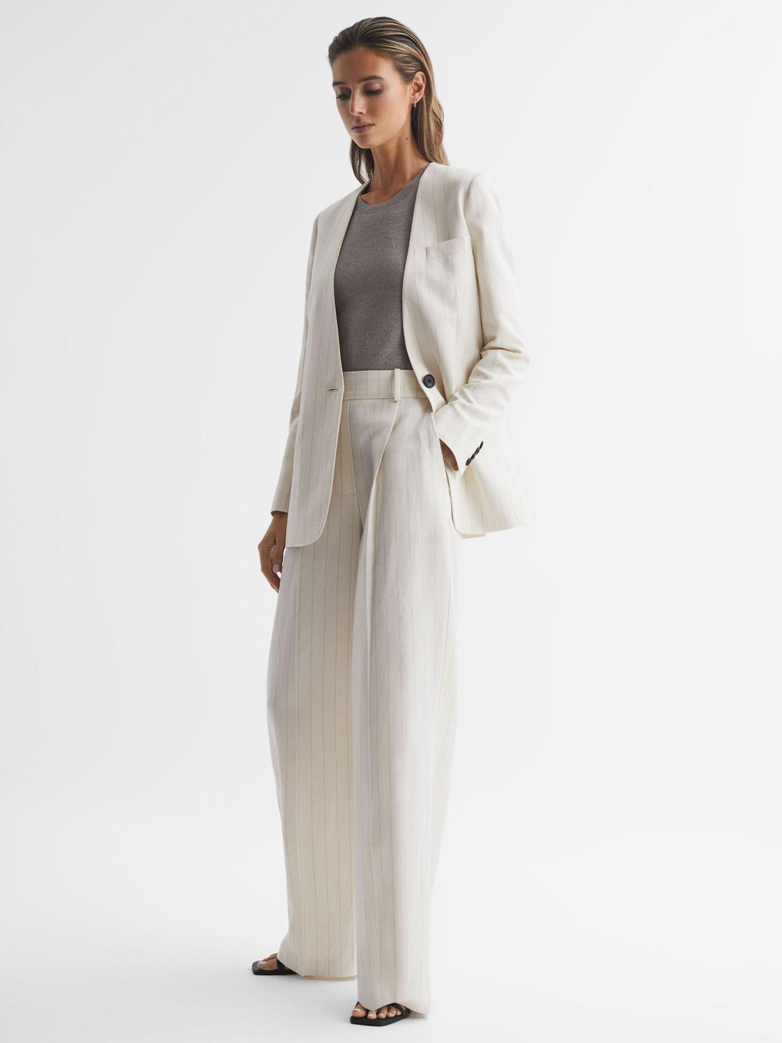 Reiss Blazers | Arleth Collarless Pinstripe Blazer White - Women