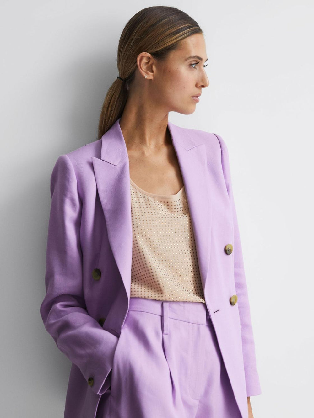 Reiss Blazers | Hollie Double Breasted Linen Blazer Blue - Women