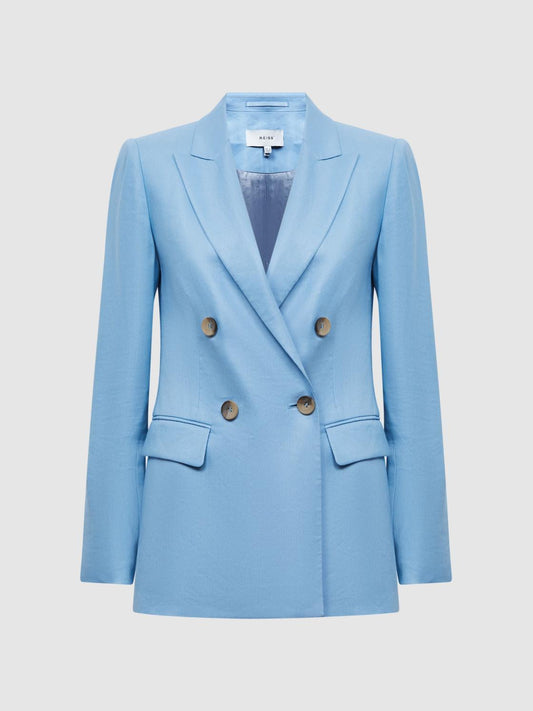 Reiss Blazers | Hollie Double Breasted Linen Blazer Blue - Women