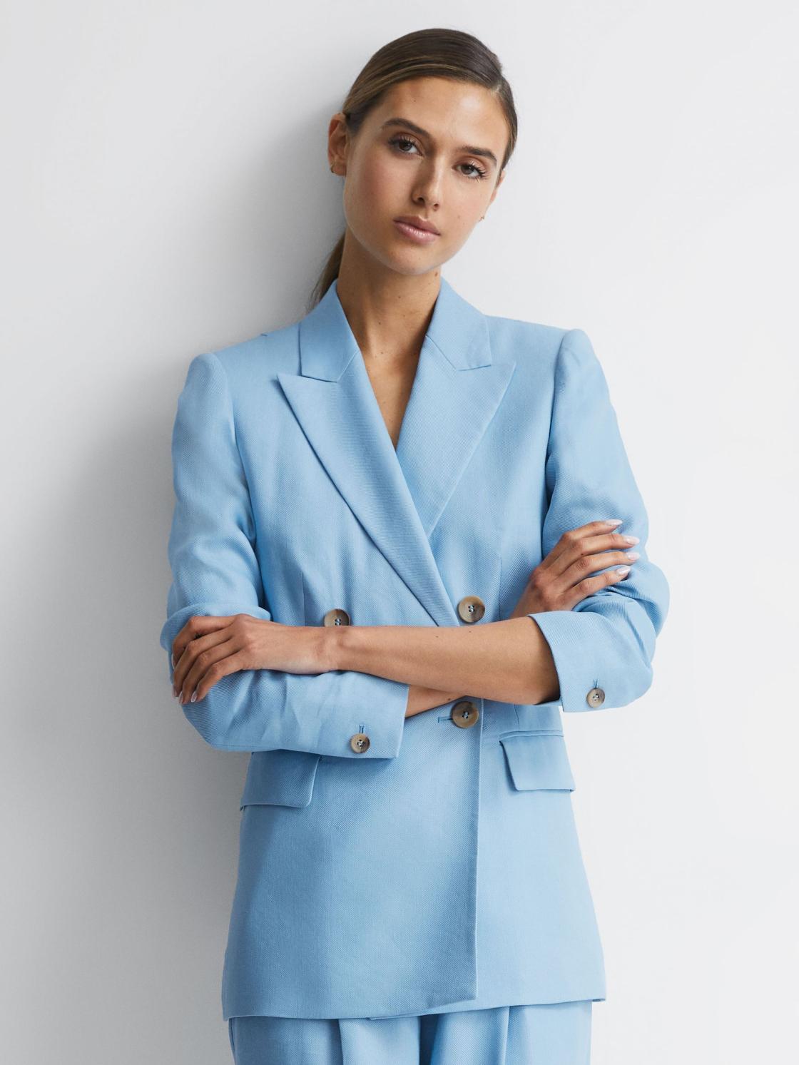 Reiss Blazers | Hollie Double Breasted Linen Blazer Blue - Women