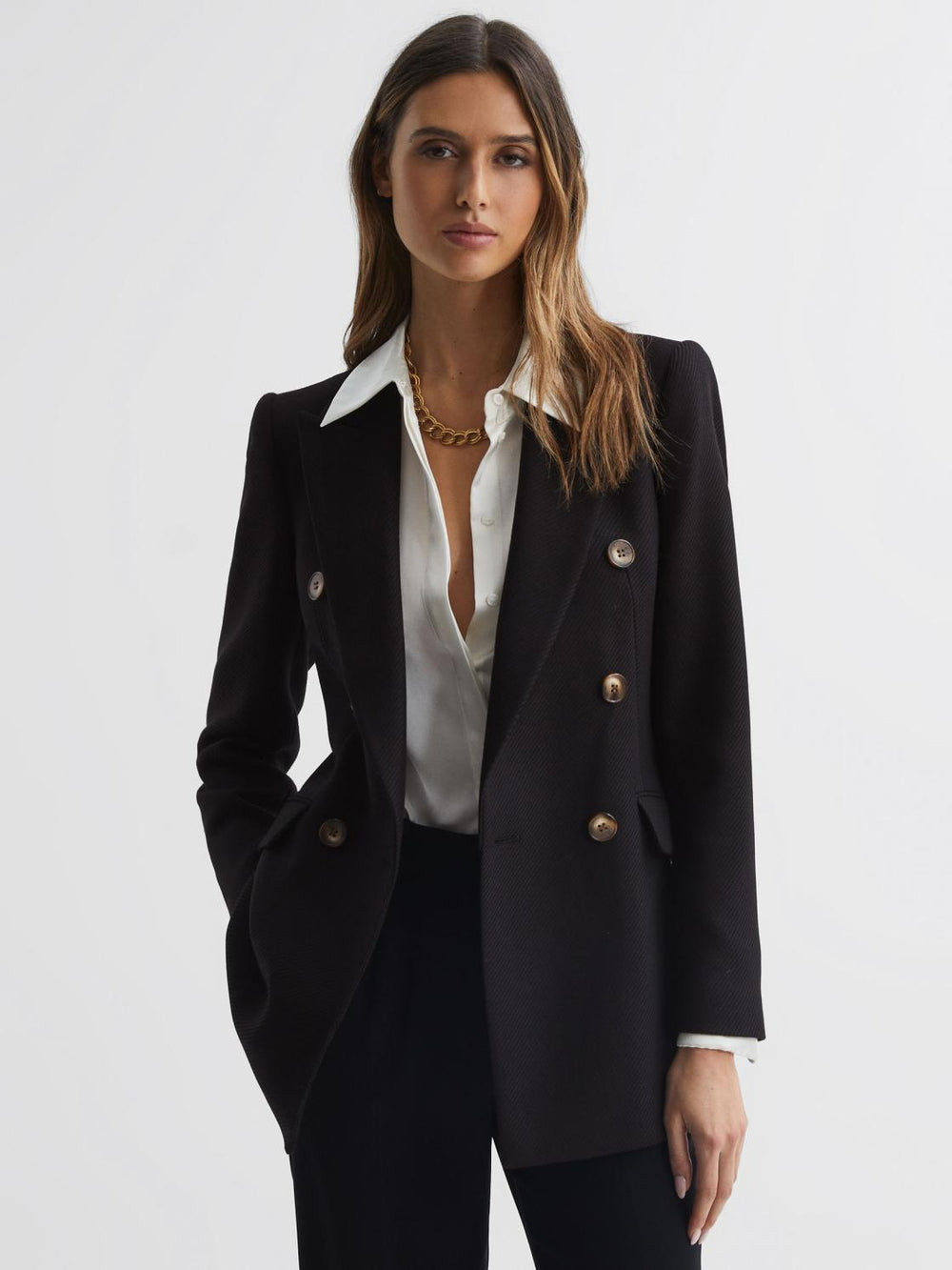 Reiss Blazers | Laura Double Breasted Twill Blazer Black - Women