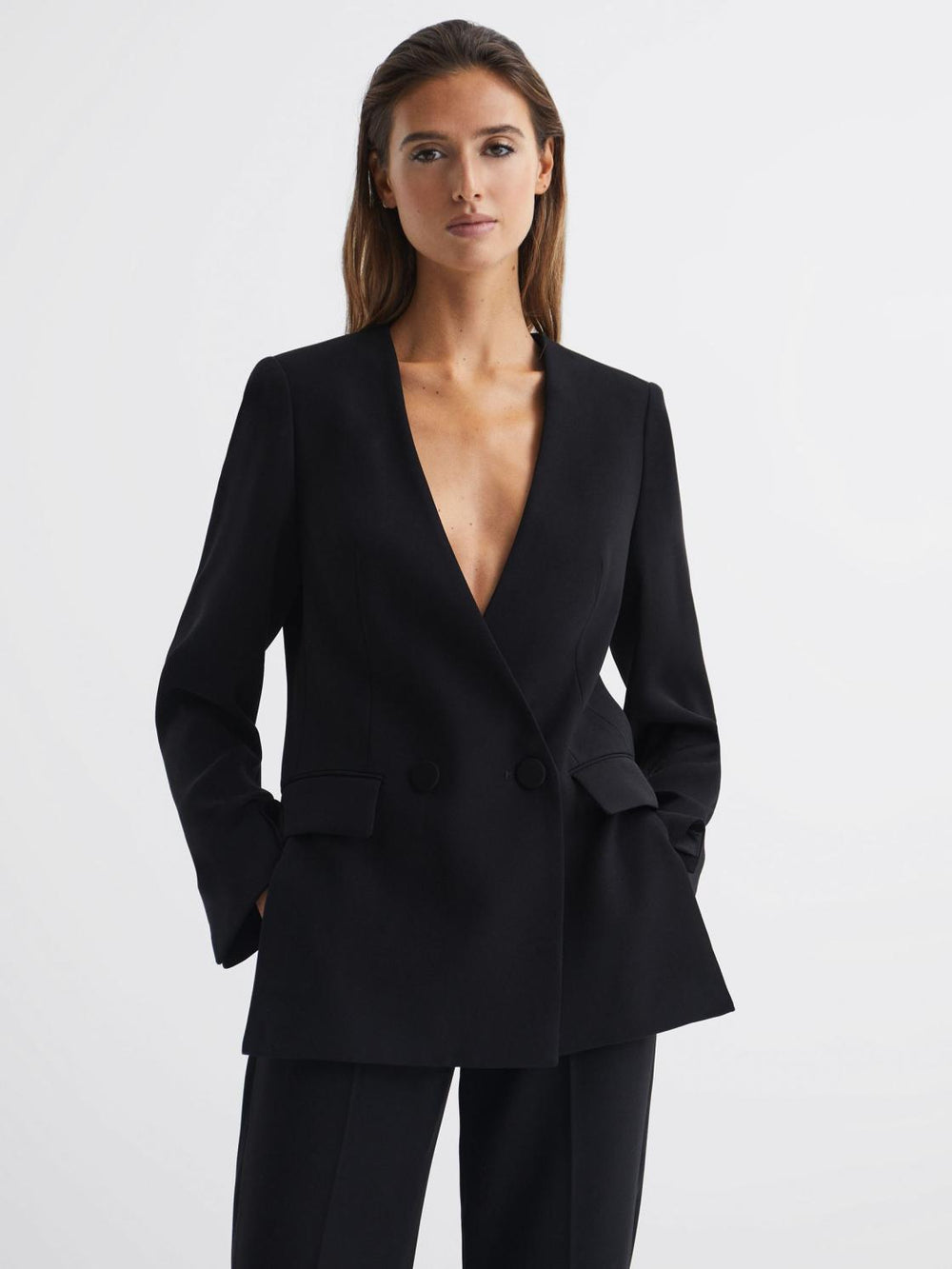 Reiss Blazers | Margeaux Collarless Double-Breasted Blazer Black - Women