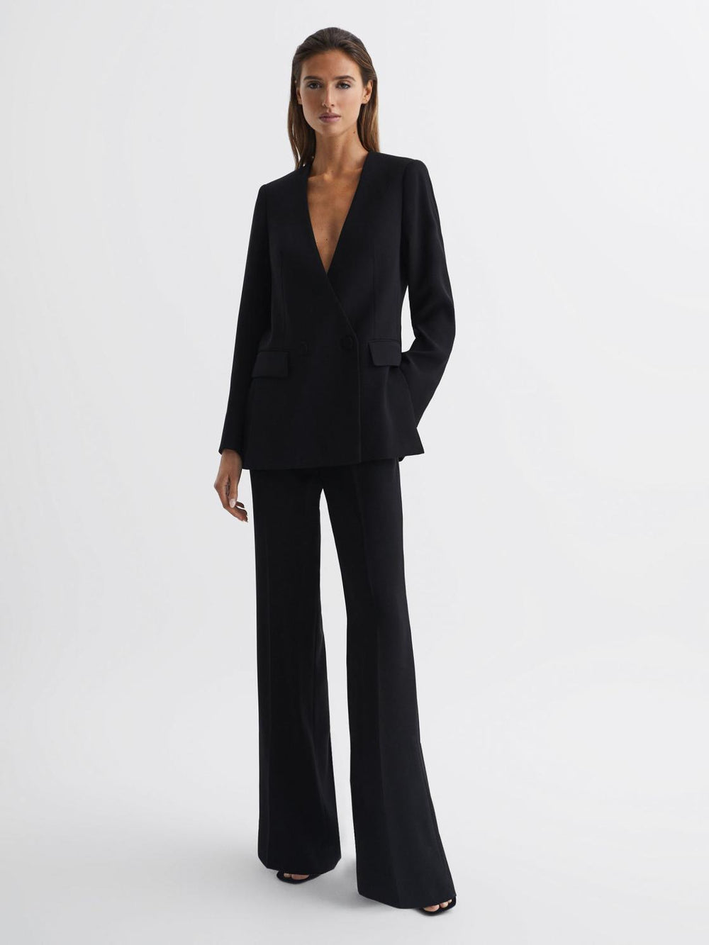Reiss Blazers | Margeaux Collarless Double-Breasted Blazer Black - Women