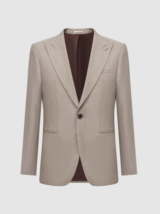 Reiss Blazers | Pew Slim Fit Wool Single Breasted Puppytooth Blazer Brown - Men
