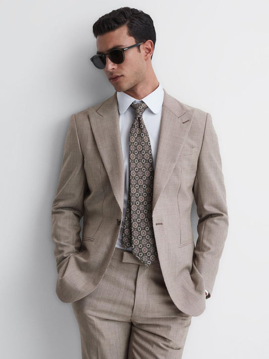Reiss Blazers | Pew Slim Fit Wool Single Breasted Puppytooth Blazer Brown - Men
