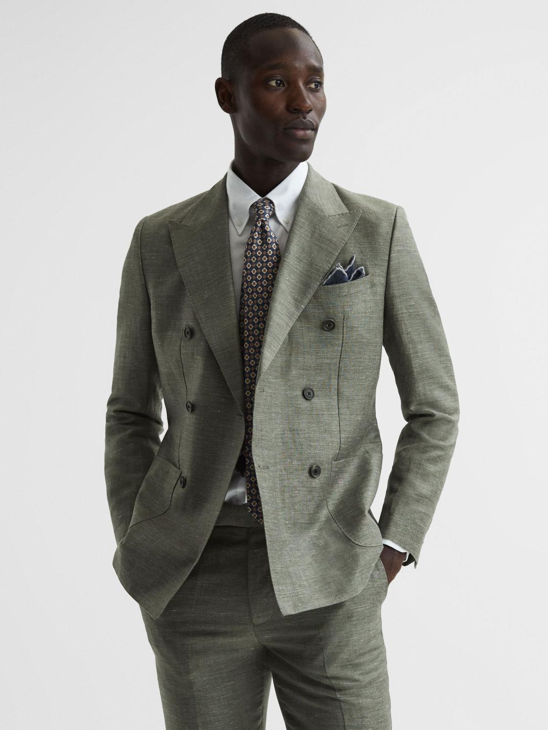 Reiss Blazers | Riva Slim Fit Double Breasted Wool-Linen Blazer Sage - Men