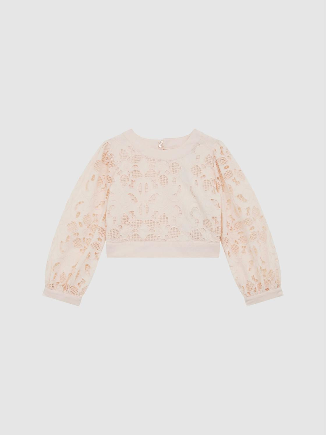 Reiss Co-Ords | Nella Long Sleeve Lace Cropped Top Pink - Children
