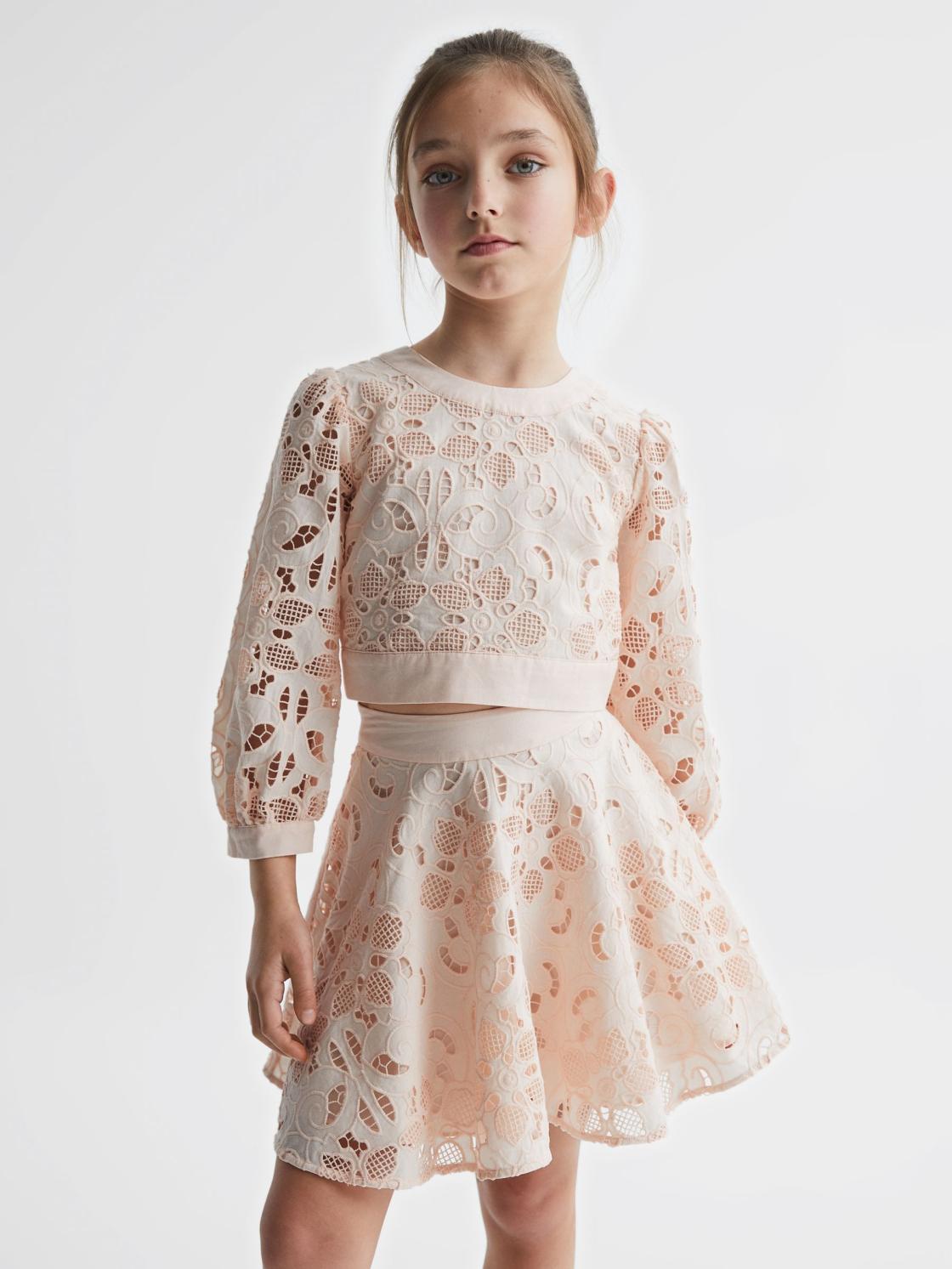 Reiss Co-Ords | Nella Long Sleeve Lace Cropped Top Pink - Children