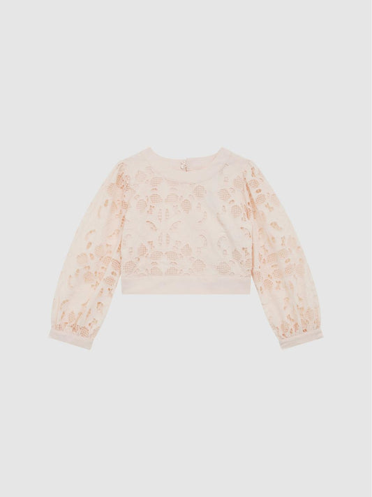 Reiss Co-Ords | Nella Long Sleeve Lace Cropped Top Pink - Children