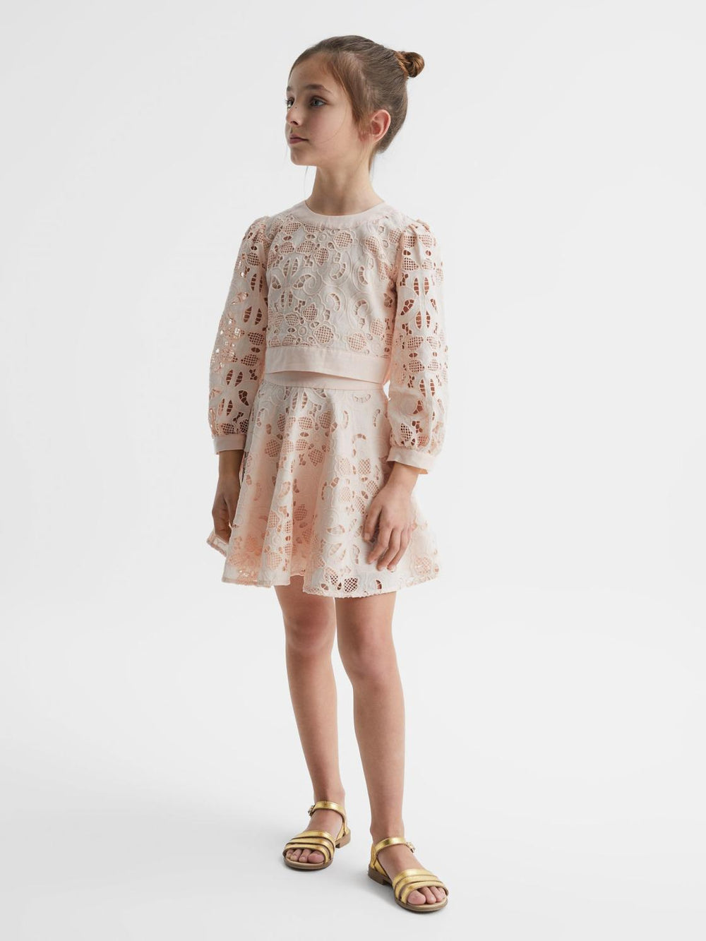 Reiss Co-Ords | Nella Long Sleeve Lace Cropped Top Pink - Children