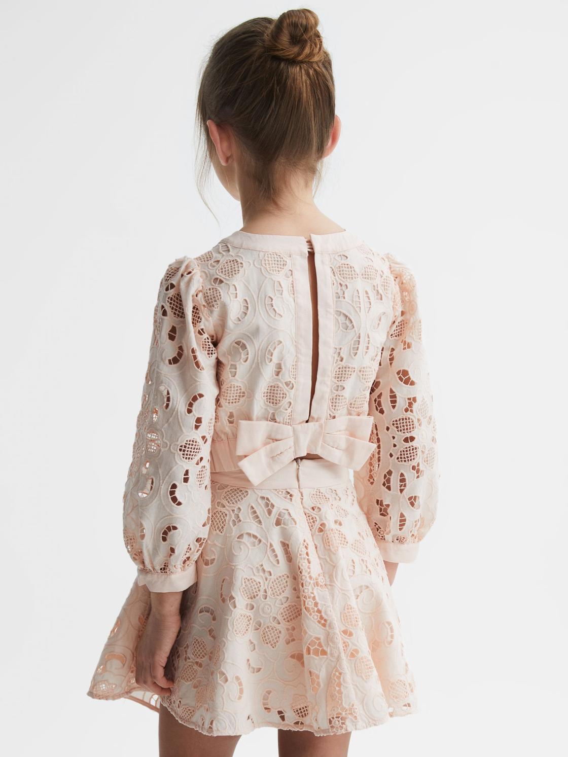 Reiss Co-Ords | Nella Long Sleeve Lace Cropped Top Pink - Children