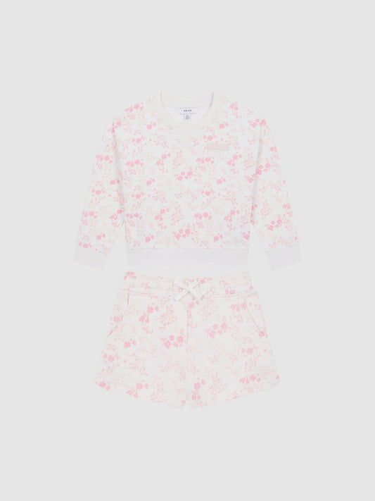 Reiss Co-Ords | Nina Floral Print Set - Sweatshirt And Shorts Pink Print - Children