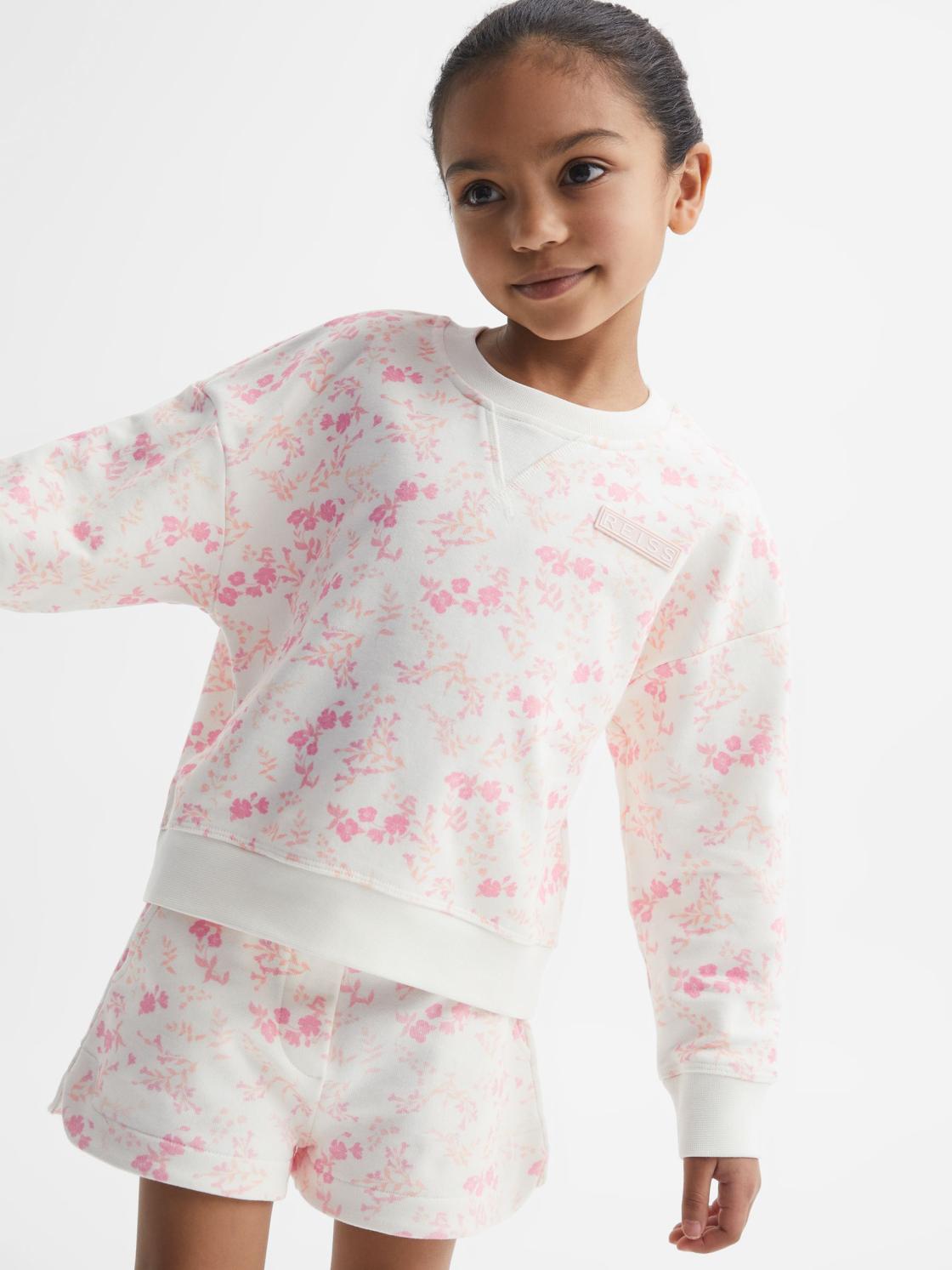 Reiss Co-Ords | Nina Floral Print Set - Sweatshirt And Shorts Pink Print - Children