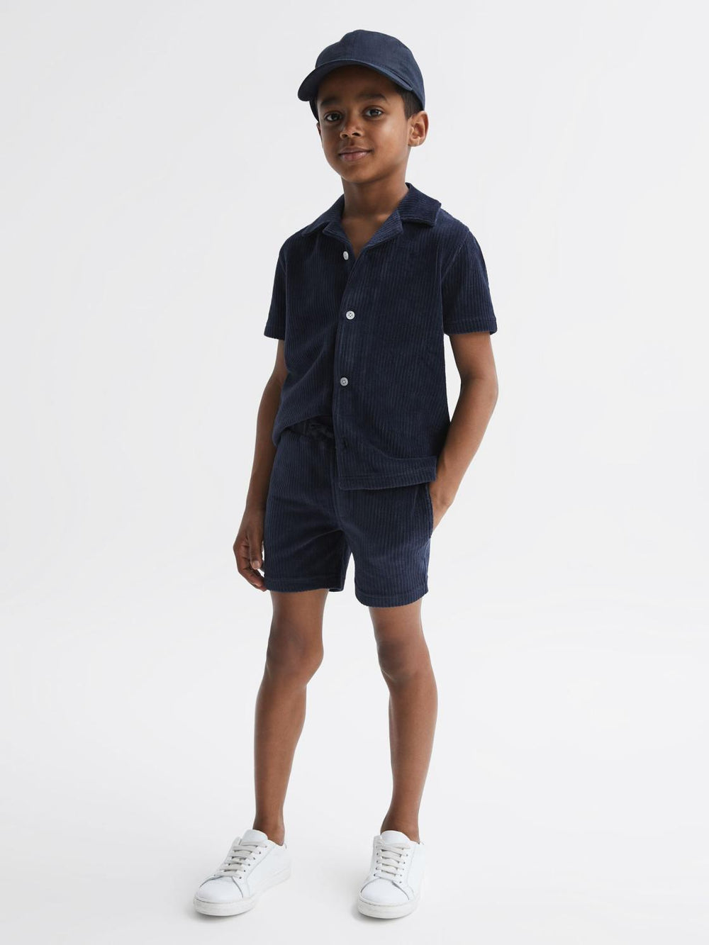 Reiss Co-Ords | Santal Cuban Collar Ribbed Textured Shirt Navy - Children
