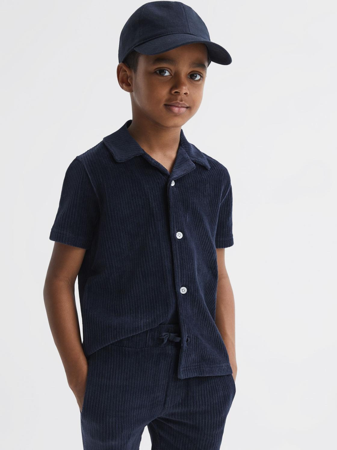 Reiss Co-Ords | Santal Cuban Collar Ribbed Textured Shirt Navy - Children