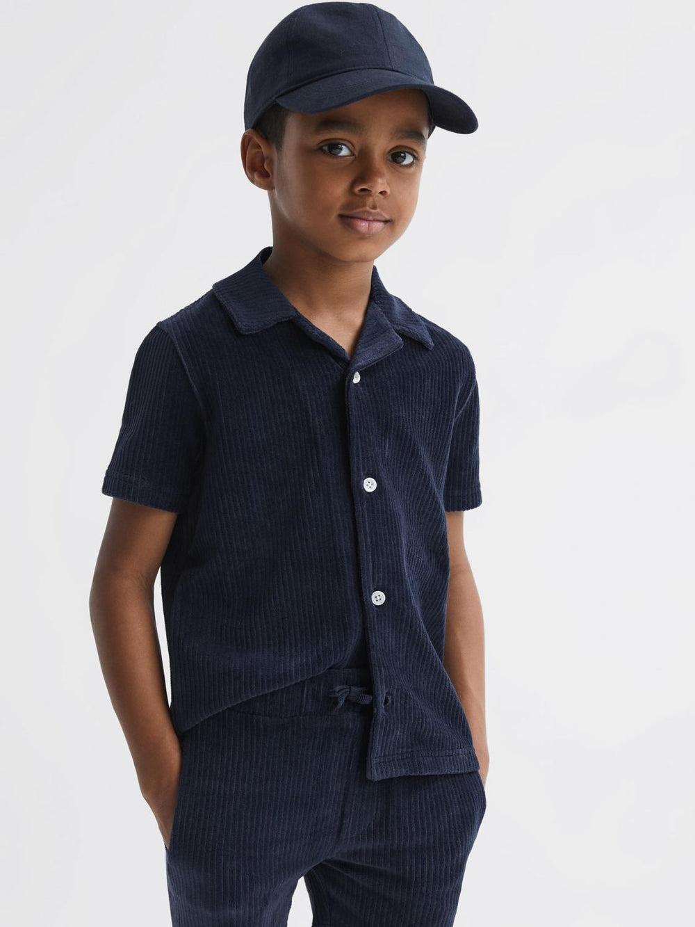 Reiss Co-Ords | Santal Cuban Collar Ribbed Textured Shirt Navy - Children
