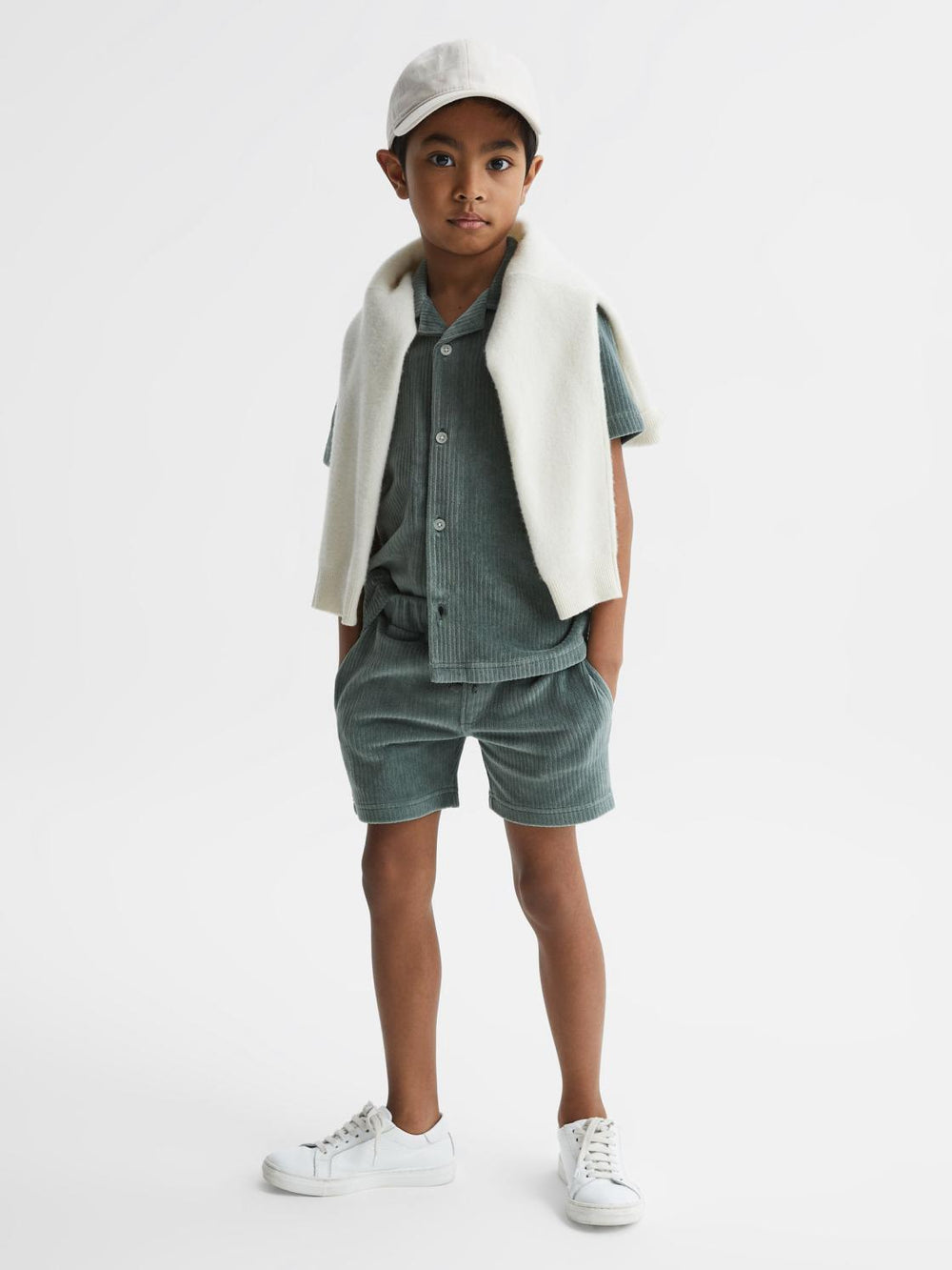 Reiss Co-Ords | Santal Cuban Collar Ribbed Textured Shirt Sage - Children