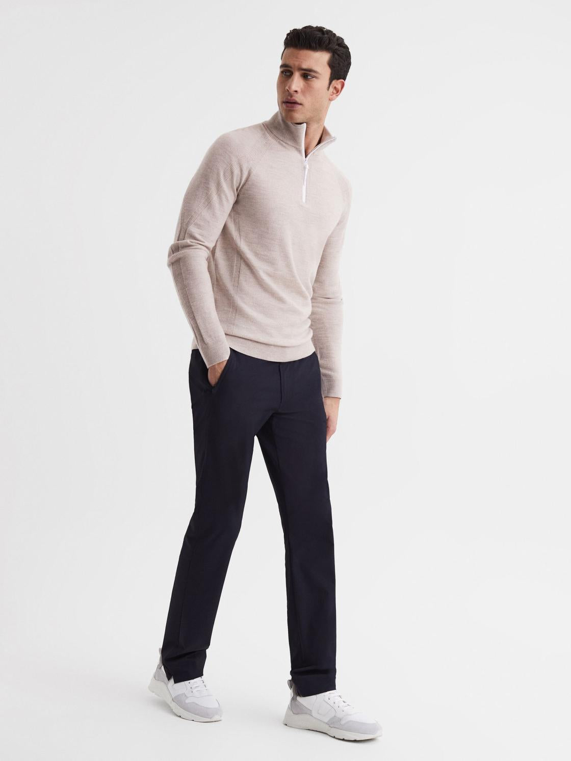 Reiss Coats &amp; Jackets | Affleck Golf Stretch Merino Zip Neck Jumper Stone Melange - Men