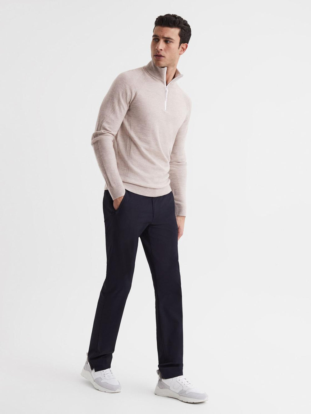 Reiss Coats &amp; Jackets | Affleck Golf Stretch Merino Zip Neck Jumper Stone Melange - Men