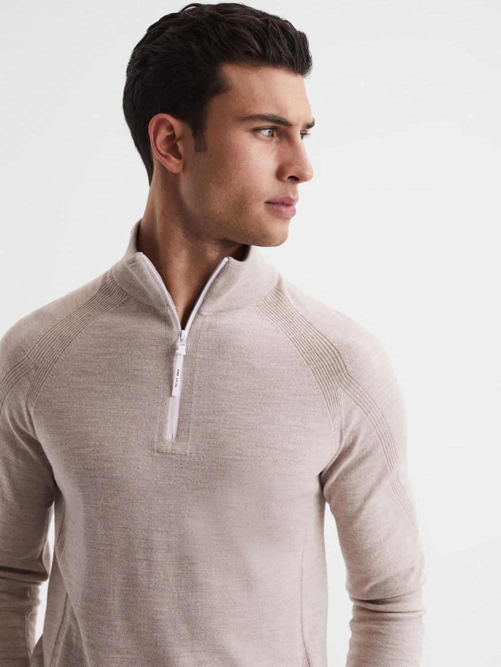 Reiss Coats &amp; Jackets | Affleck Golf Stretch Merino Zip Neck Jumper Stone Melange - Men