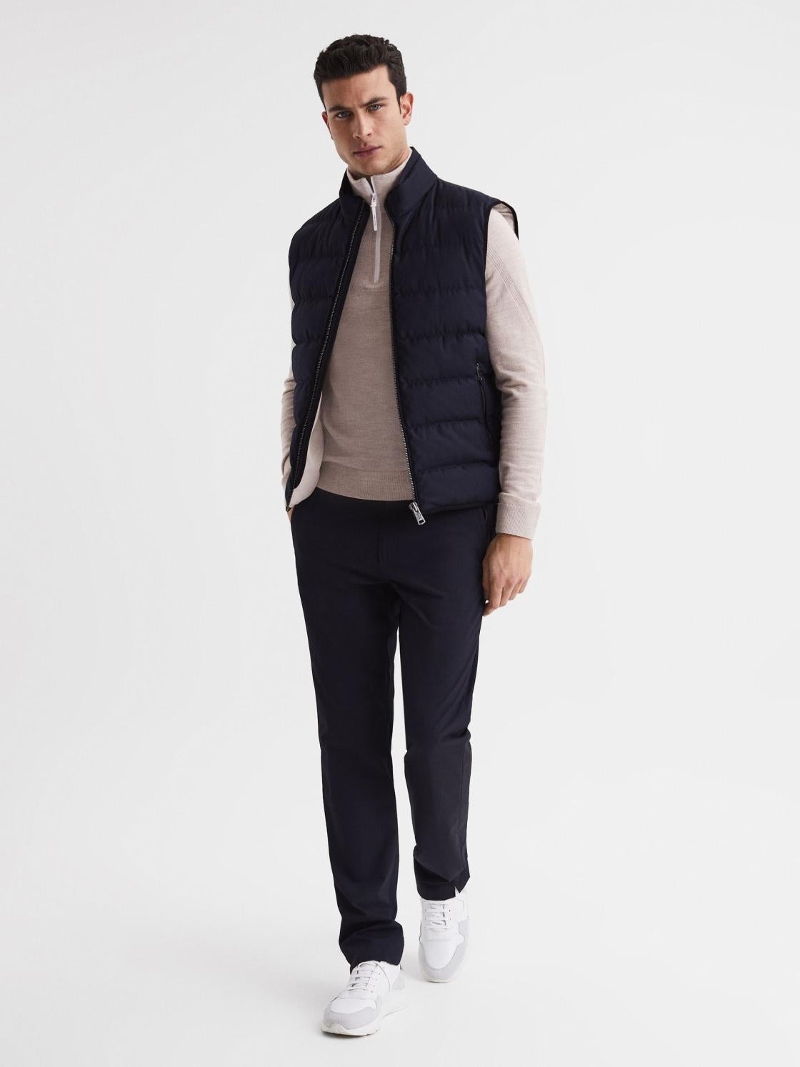 Reiss Coats &amp; Jackets | Affleck Golf Stretch Merino Zip Neck Jumper Stone Melange - Men