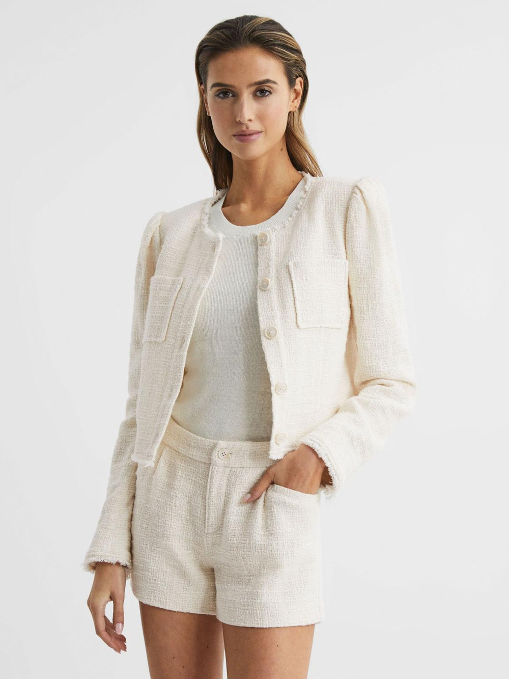 Reiss Coats &amp; Jackets | Cambridge Paige Frayed Textured Jacket Cream - Women