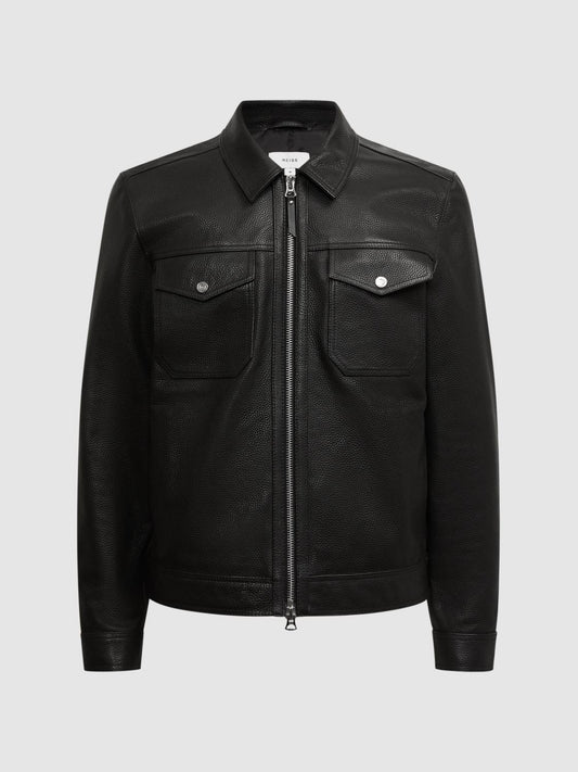 Reiss Coats &amp; Jackets | Carp Leather Zip Through Jacket Black - Men