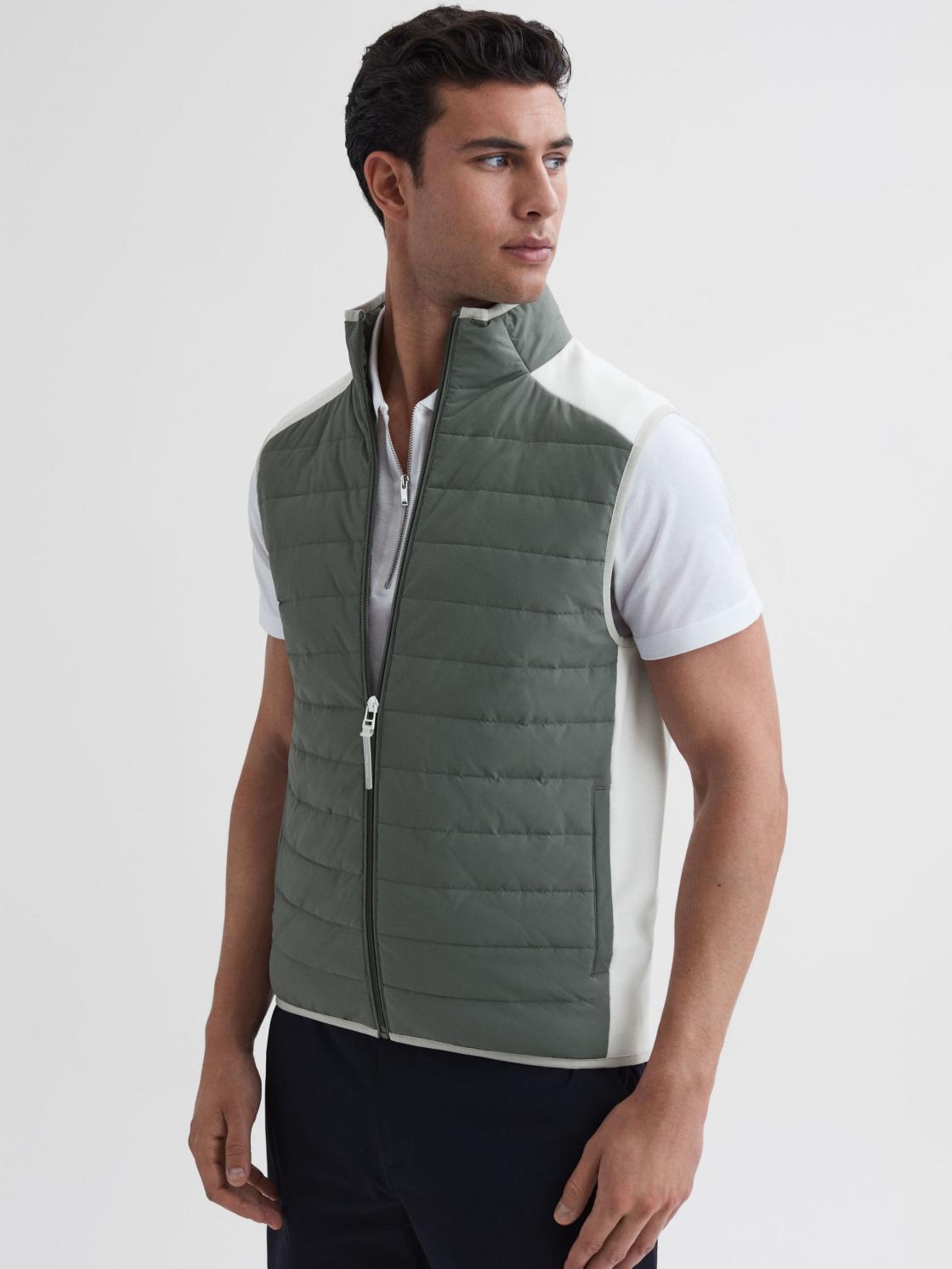 Reiss Coats &amp; Jackets | Clubhouse Funnel Neck Hybrid Quilted Gilet Sage/white - Men