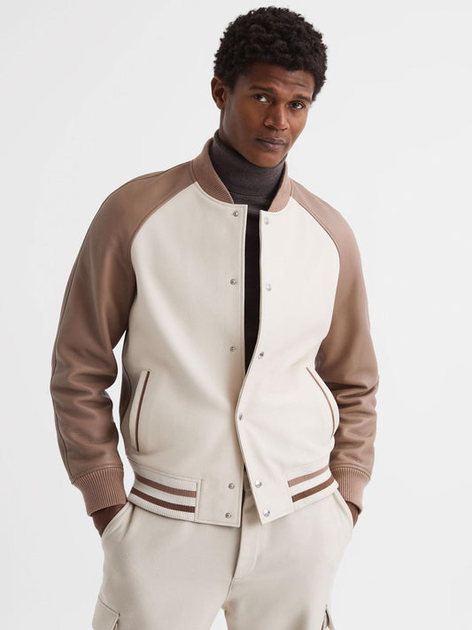 Reiss Coats &amp; Jackets | Cortez Leather Bomber Jacket Ecru/taupe - Men