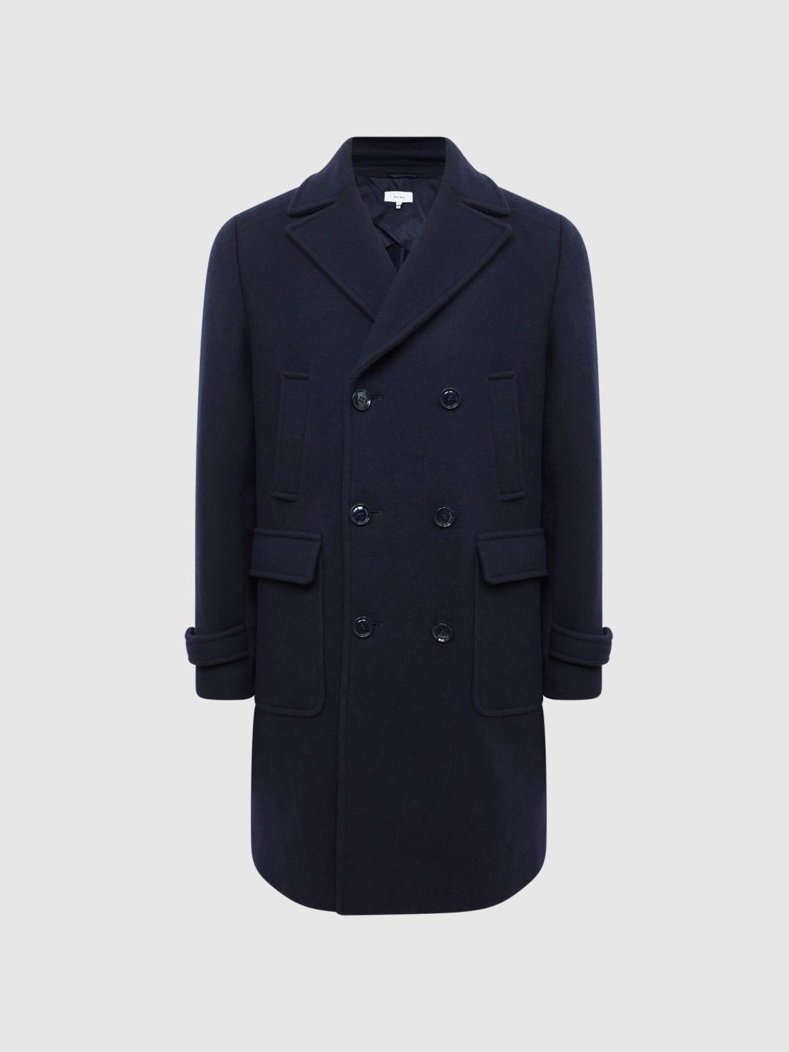 Reiss Coats &amp; Jackets | Fall Double Breasted Wool Blend Military Overcoat Navy - Men