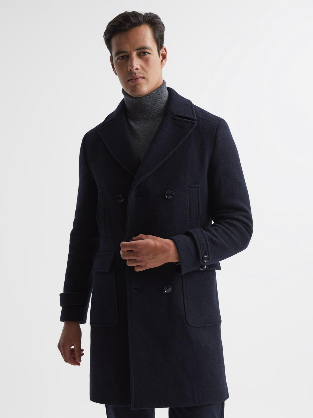 Reiss Coats &amp; Jackets | Fall Double Breasted Wool Blend Military Overcoat Navy - Men