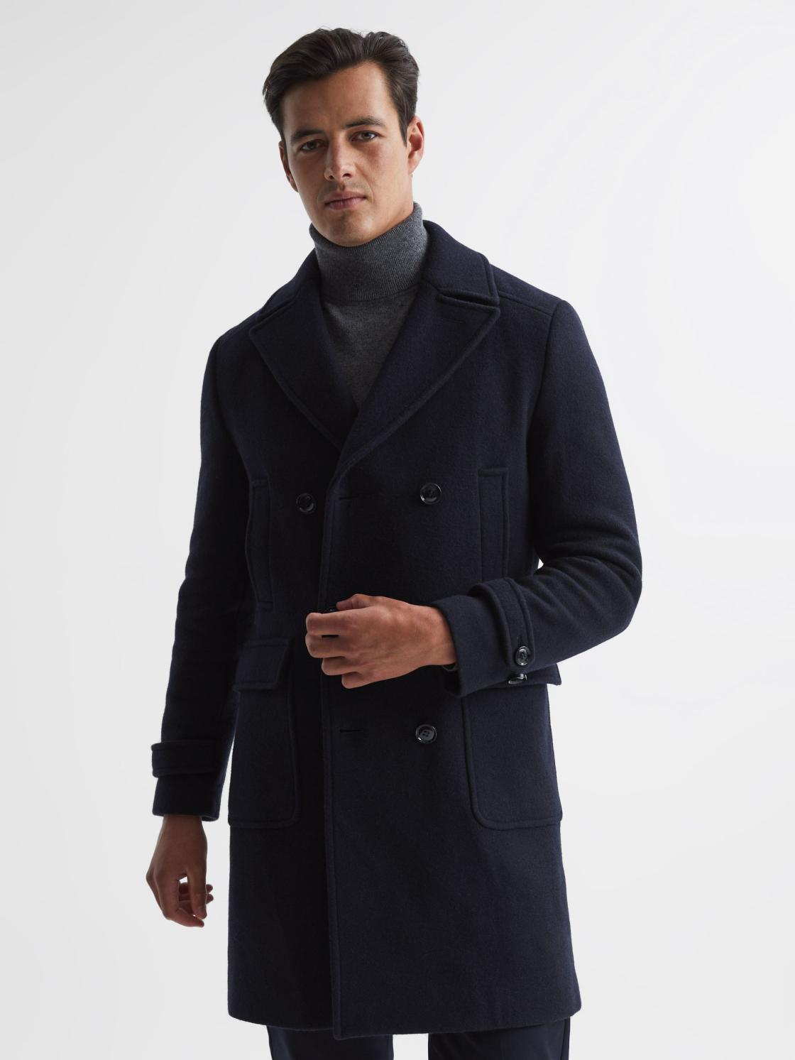 Reiss Coats &amp; Jackets | Fall Double Breasted Wool Blend Military Overcoat Navy - Men