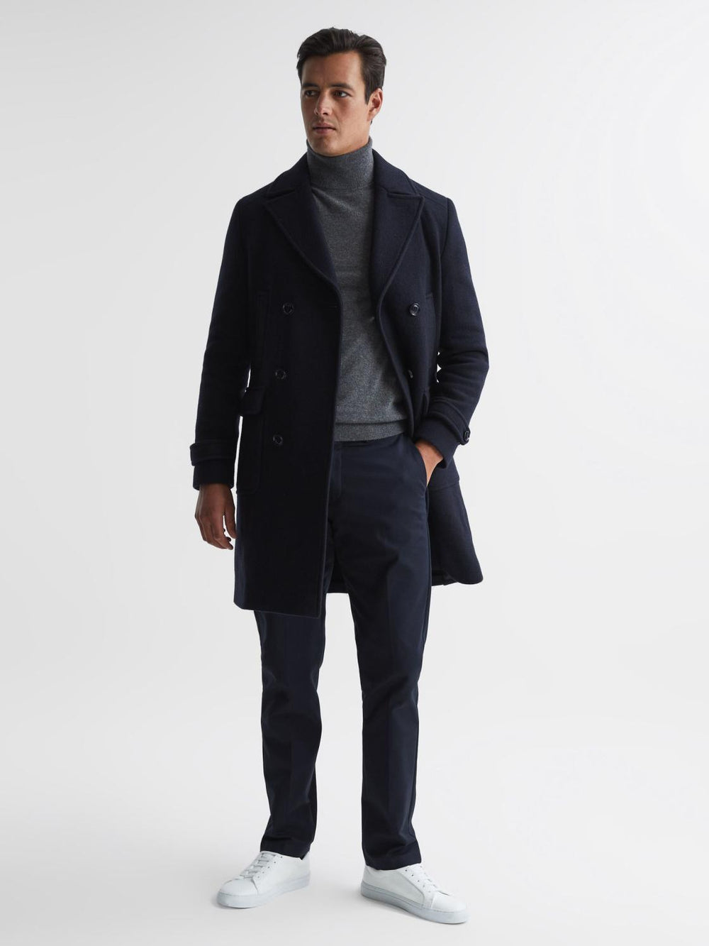 Reiss Coats &amp; Jackets | Fall Double Breasted Wool Blend Military Overcoat Navy - Men
