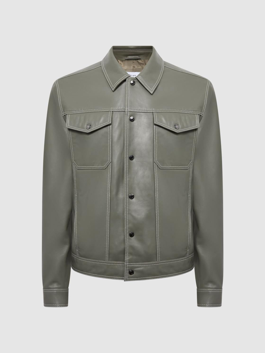 Reiss Coats &amp; Jackets | Gisborne Leather Press Stud Trucker Jacket Sage - Men