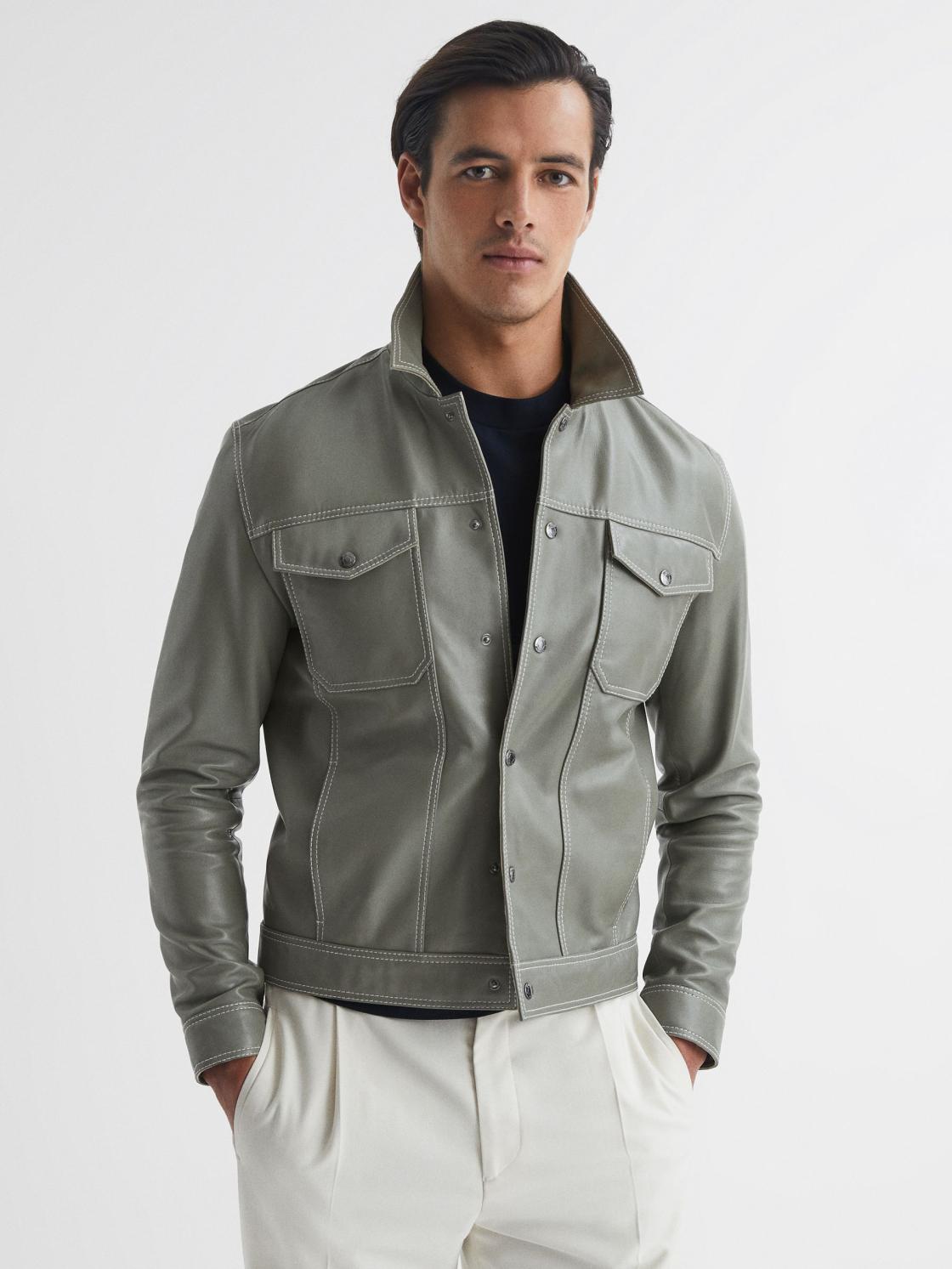 Reiss Coats &amp; Jackets | Gisborne Leather Press Stud Trucker Jacket Sage - Men