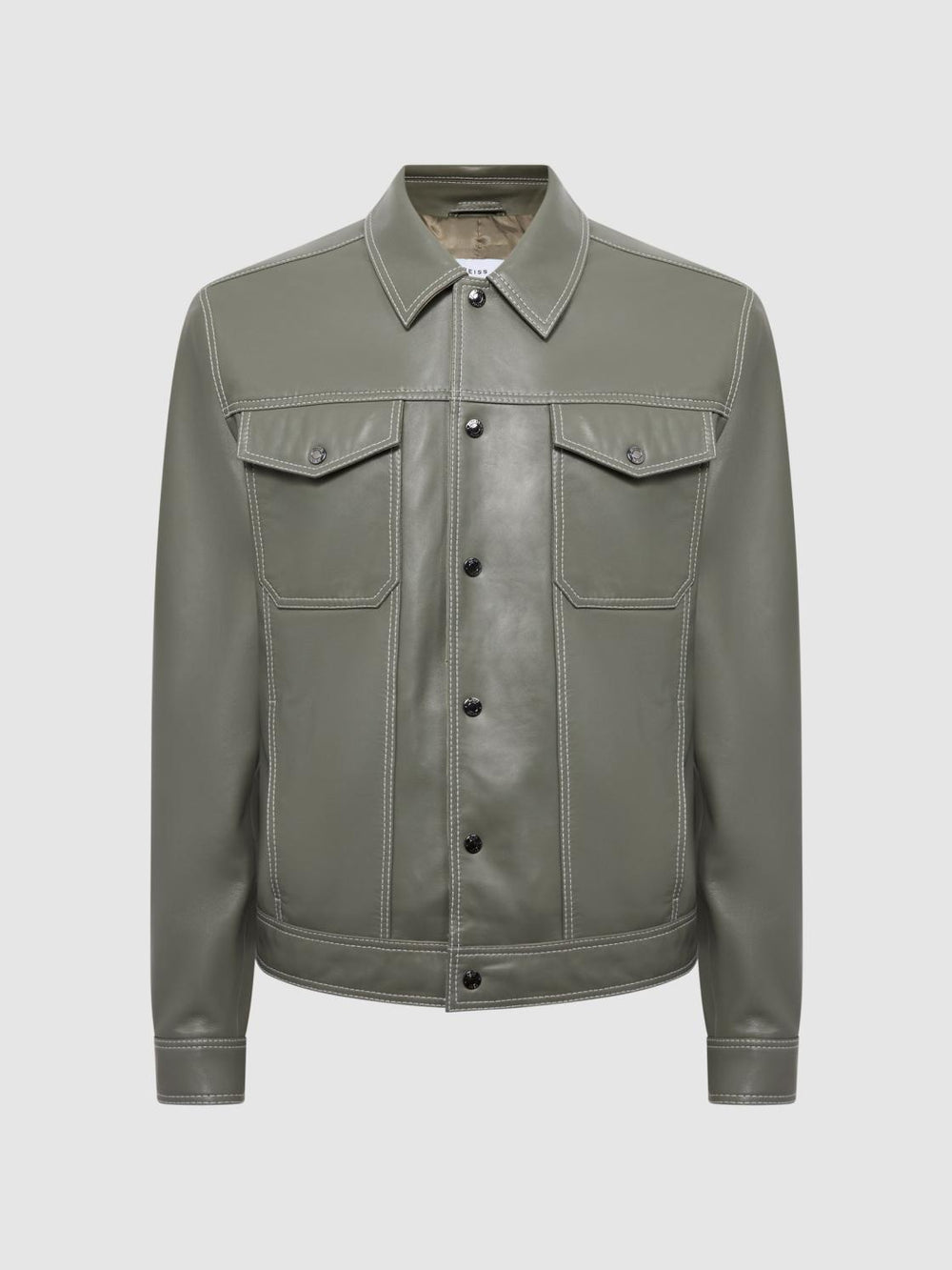 Reiss Coats &amp; Jackets | Gisborne Leather Press Stud Trucker Jacket Sage - Men
