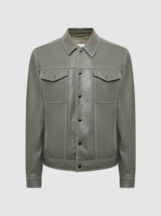 Reiss Coats &amp; Jackets | Gisborne Leather Press Stud Trucker Jacket Sage - Men