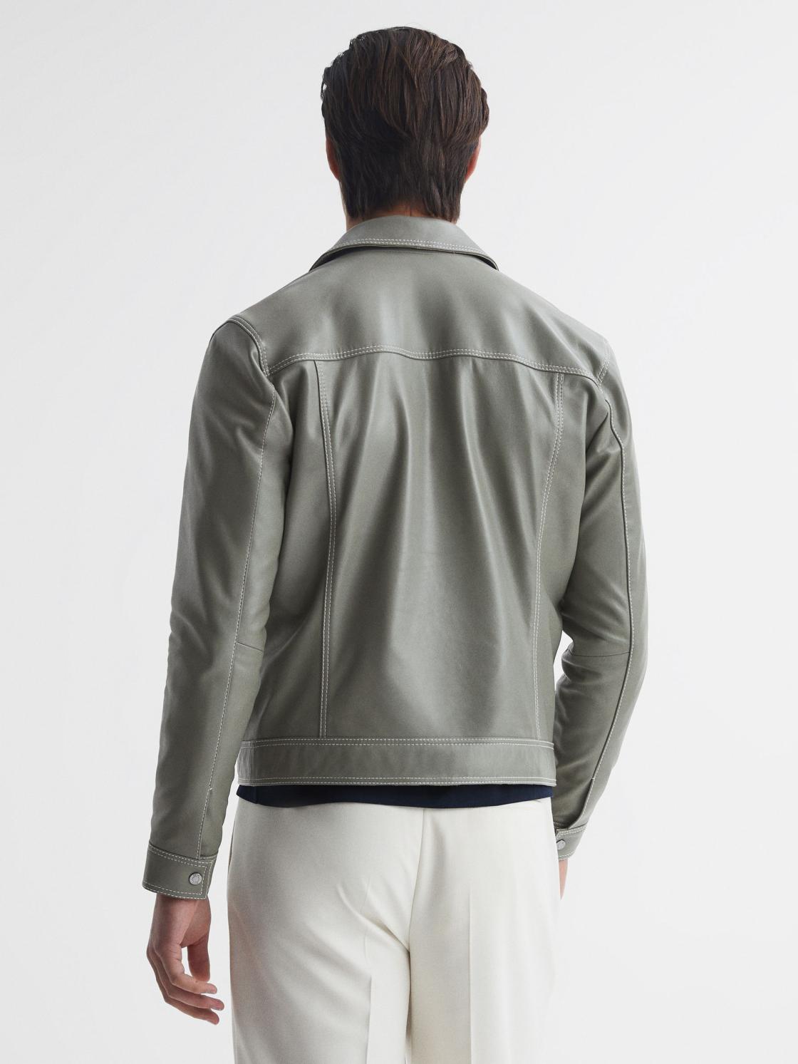 Reiss Coats &amp; Jackets | Gisborne Leather Press Stud Trucker Jacket Sage - Men