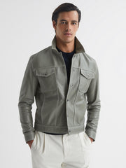 Reiss Coats &amp; Jackets | Gisborne Leather Press Stud Trucker Jacket Sage - Men