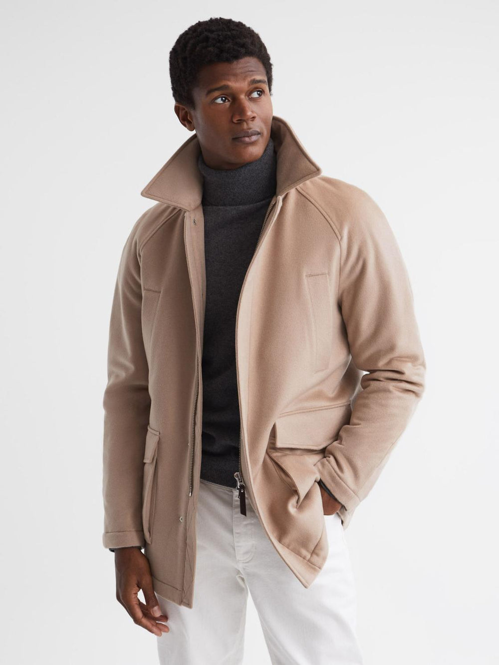 Reiss Coats &amp; Jackets | Mandarin Zip Through Cashmere Coat Cream - Men