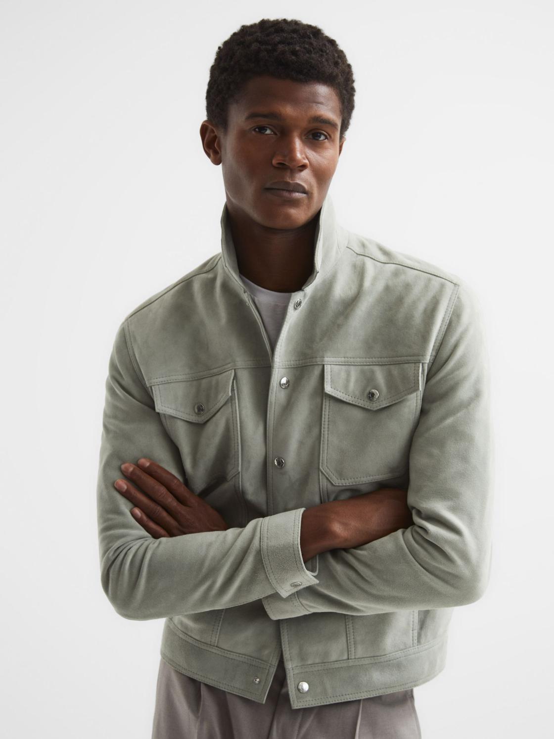 Reiss Coats &amp; Jackets | Noa Suede Button-Through Trucker Jacket Sage - Men