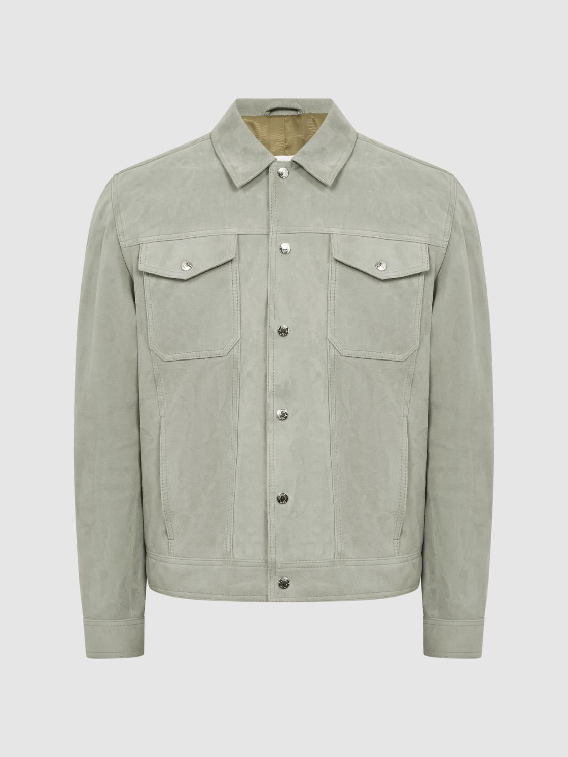 Reiss Coats &amp; Jackets | Noa Suede Button-Through Trucker Jacket Sage - Men