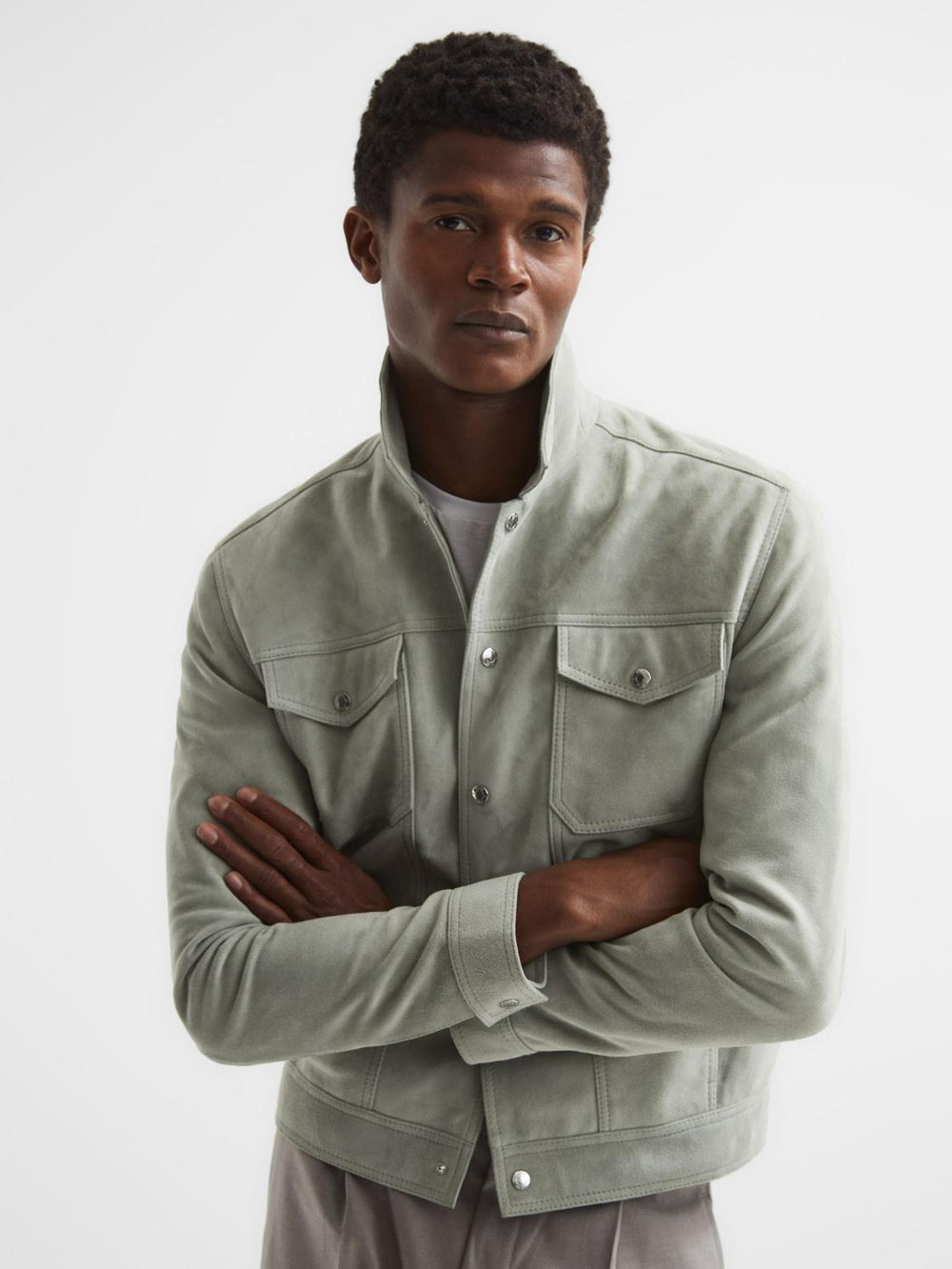 Reiss Coats &amp; Jackets | Noa Suede Button-Through Trucker Jacket Sage - Men