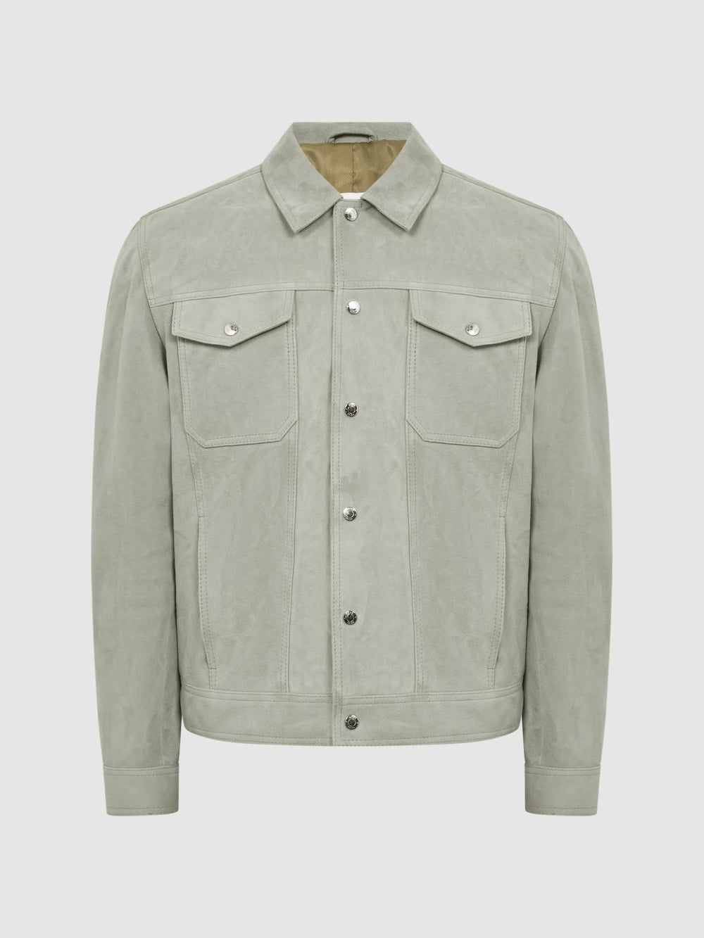 Reiss Coats &amp; Jackets | Noa Suede Button-Through Trucker Jacket Sage - Men