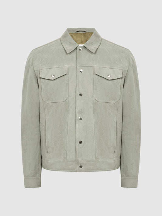 Reiss Coats &amp; Jackets | Noa Suede Button-Through Trucker Jacket Sage - Men