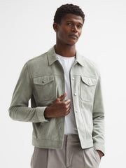Reiss Coats &amp; Jackets | Noa Suede Button-Through Trucker Jacket Sage - Men