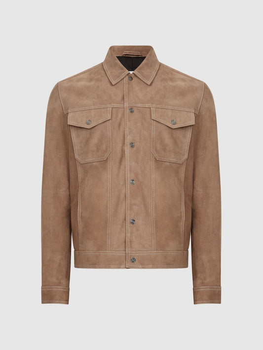 Reiss Coats &amp; Jackets | Noa Suede Button-Through Trucker Jacket Sand - Men