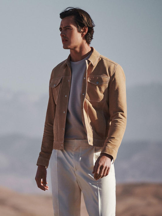 Reiss Coats &amp; Jackets | Noa Suede Button-Through Trucker Jacket Sand - Men