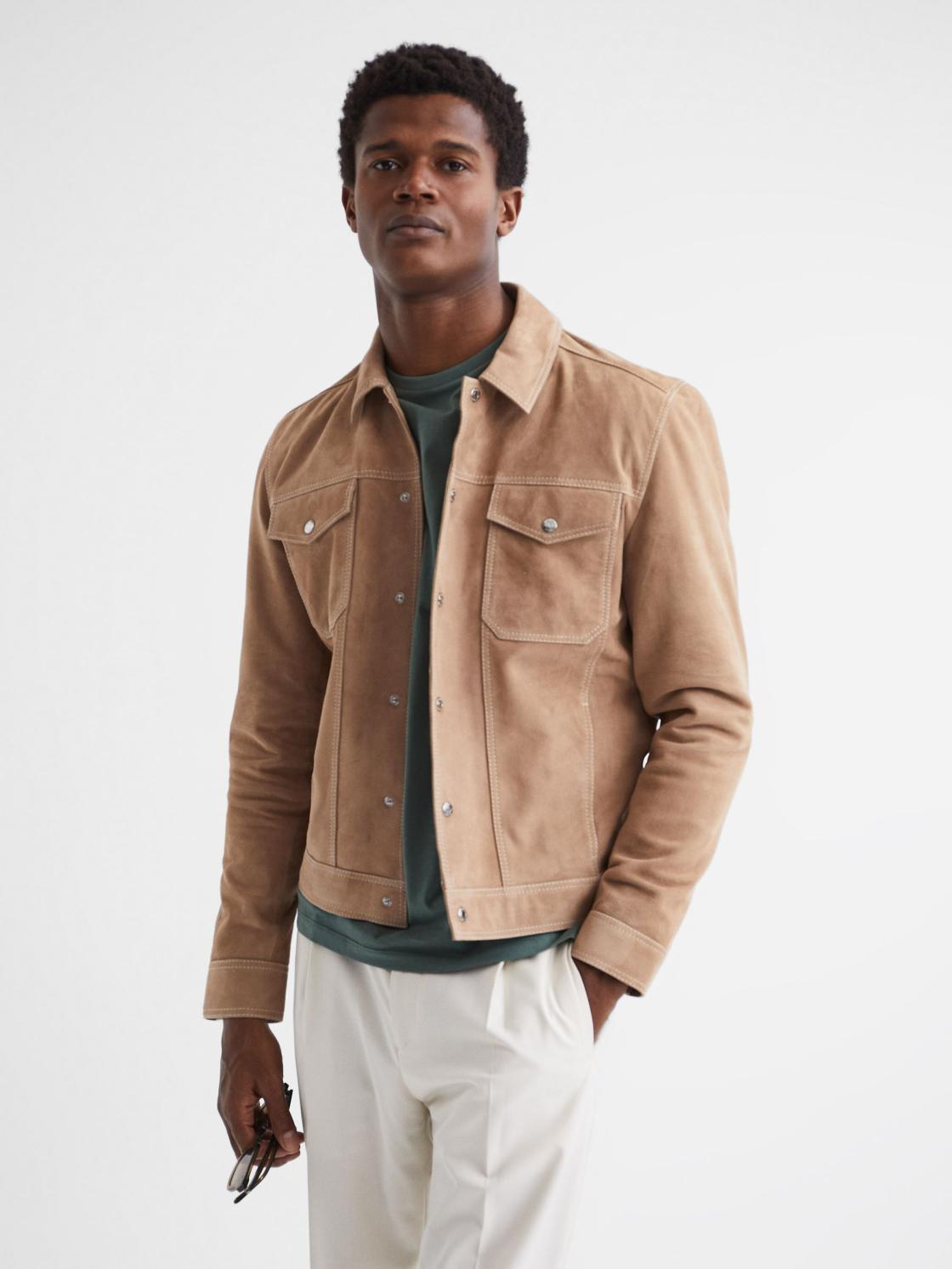 Reiss Coats &amp; Jackets | Noa Suede Button-Through Trucker Jacket Sand - Men